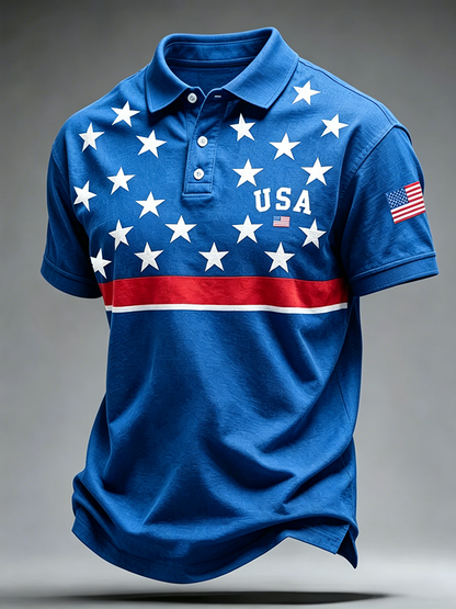 Men'S Casual USA Commemorative Embroidered Printed Lapel Shirt