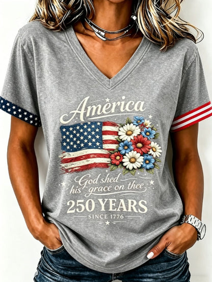 Women's Floral American Flag Printed Casual T-shirt