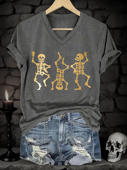 Women's Halloween Skull Gold Metal Print V-Neck Short Sleeve T-Shirt