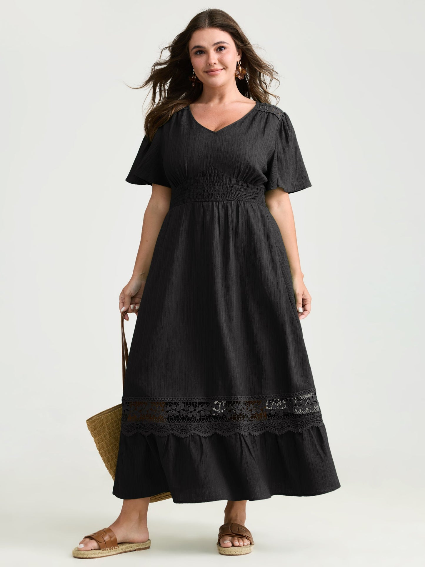 Lace Cut-Out Shirred Solid Maxi Dress