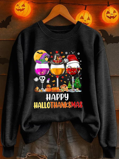 🔥HOT SALE🔥Women's Happy Hallothanksmas Wine  Print Casual Sweatshirt