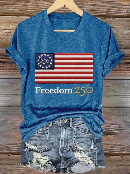 V-Neck Retro 250th Anniversary 250 Freedom Print T-Shirt