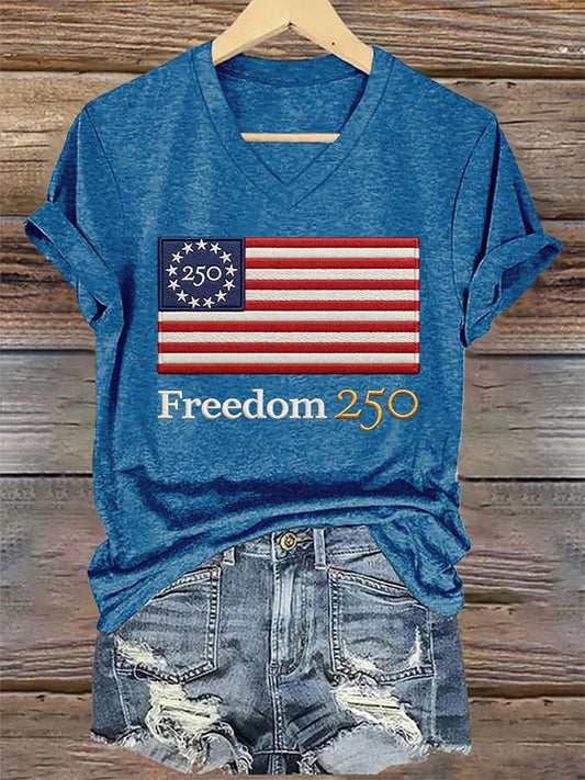 V-Neck Retro 250th Anniversary 250 Freedom Print T-Shirt