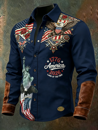 Men'S Casual American 250Th Anniversary Founding Lapel Long Sleeved Shirt