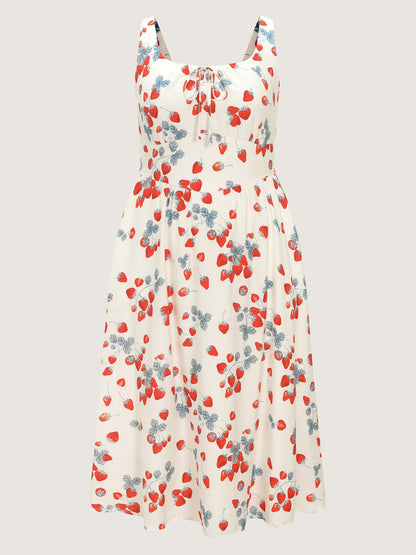 Strawberry Print Cinched-Waist Midi Dress