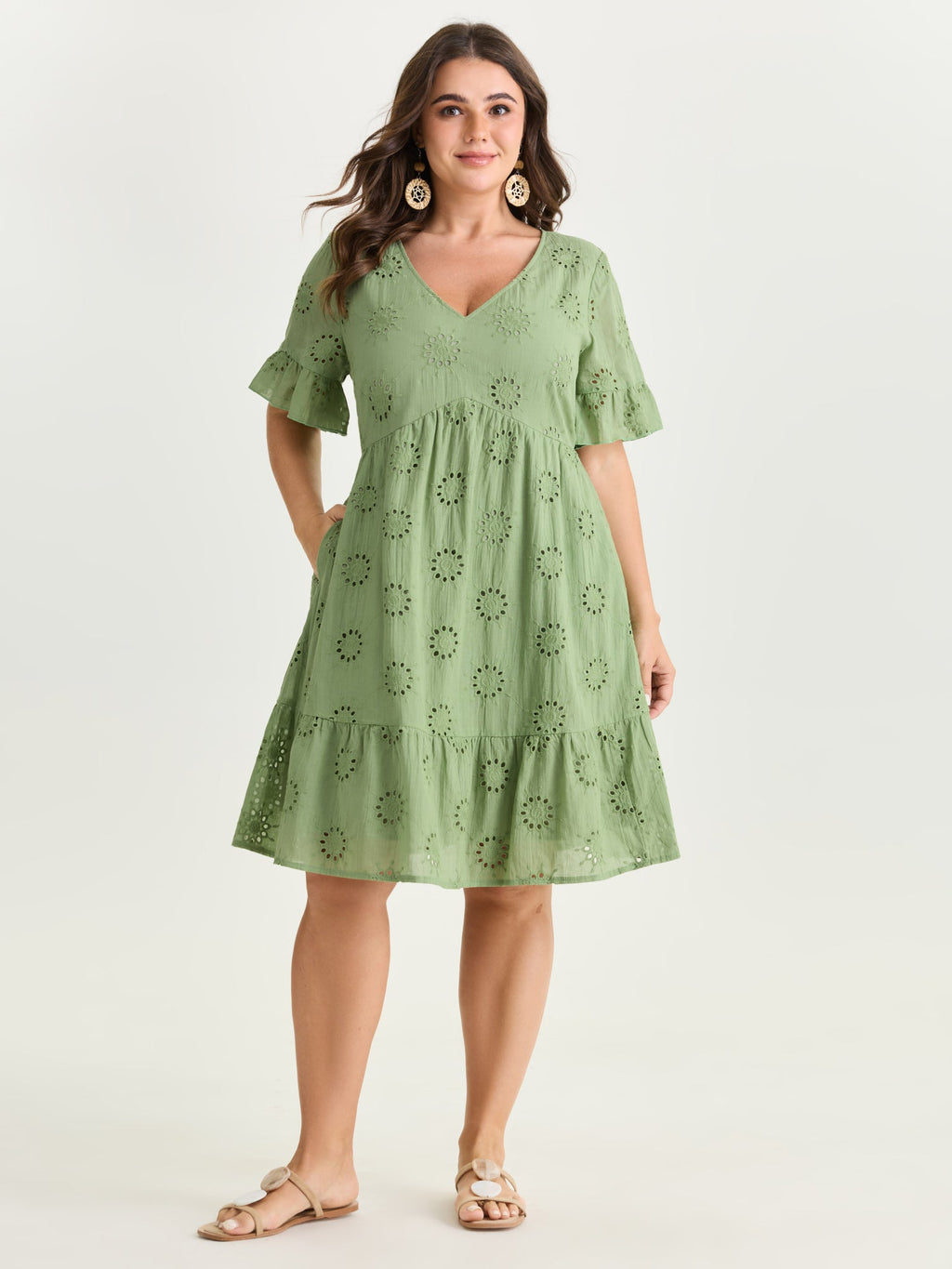 Eyelet Embroidered Ruffled Sleeve Mini Dress