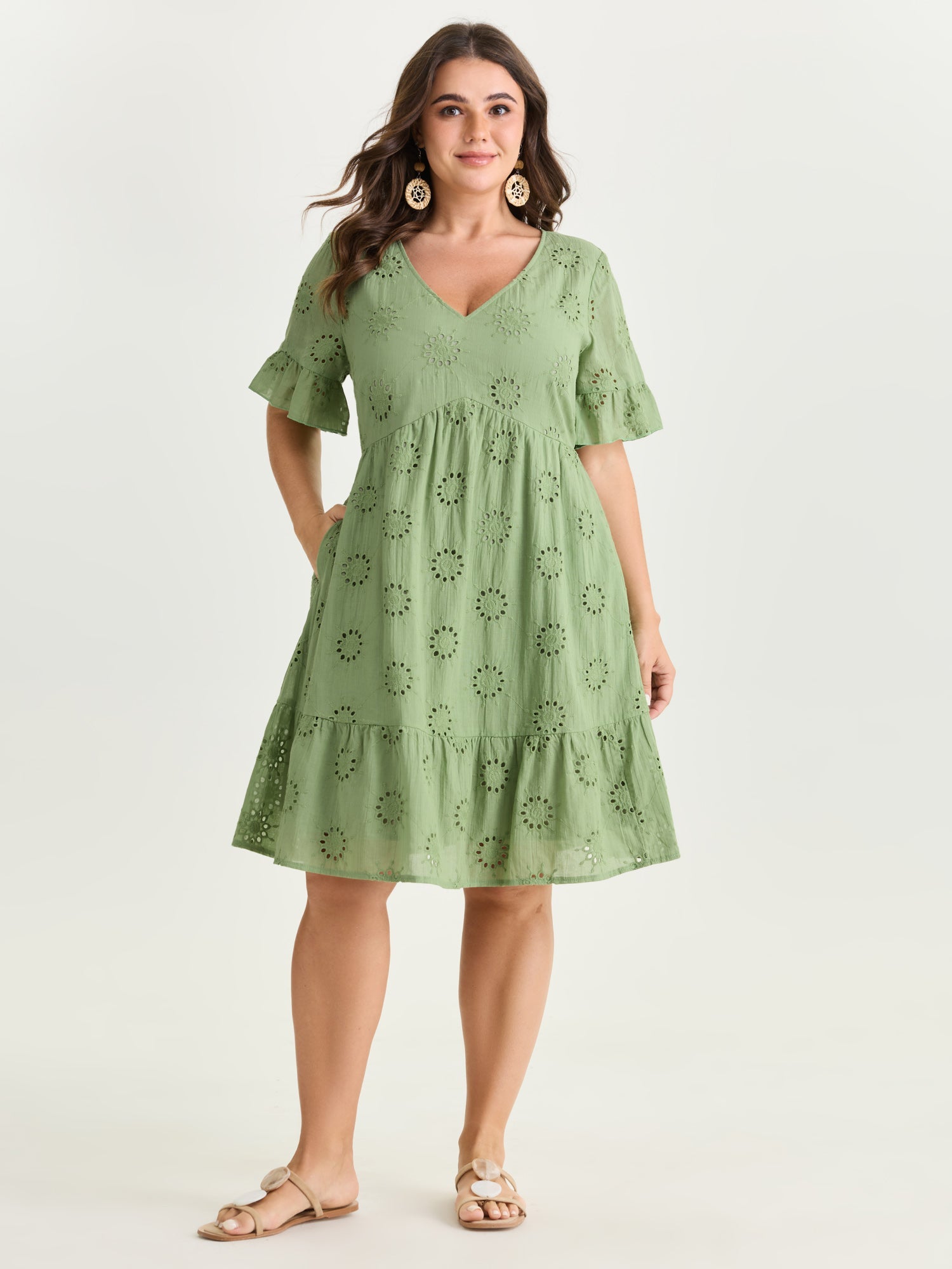 Eyelet Embroidered Ruffled Sleeve Mini Dress