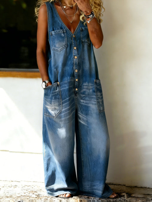 Women’s Casual V-neck Sleeveless Denim Jumpsuit