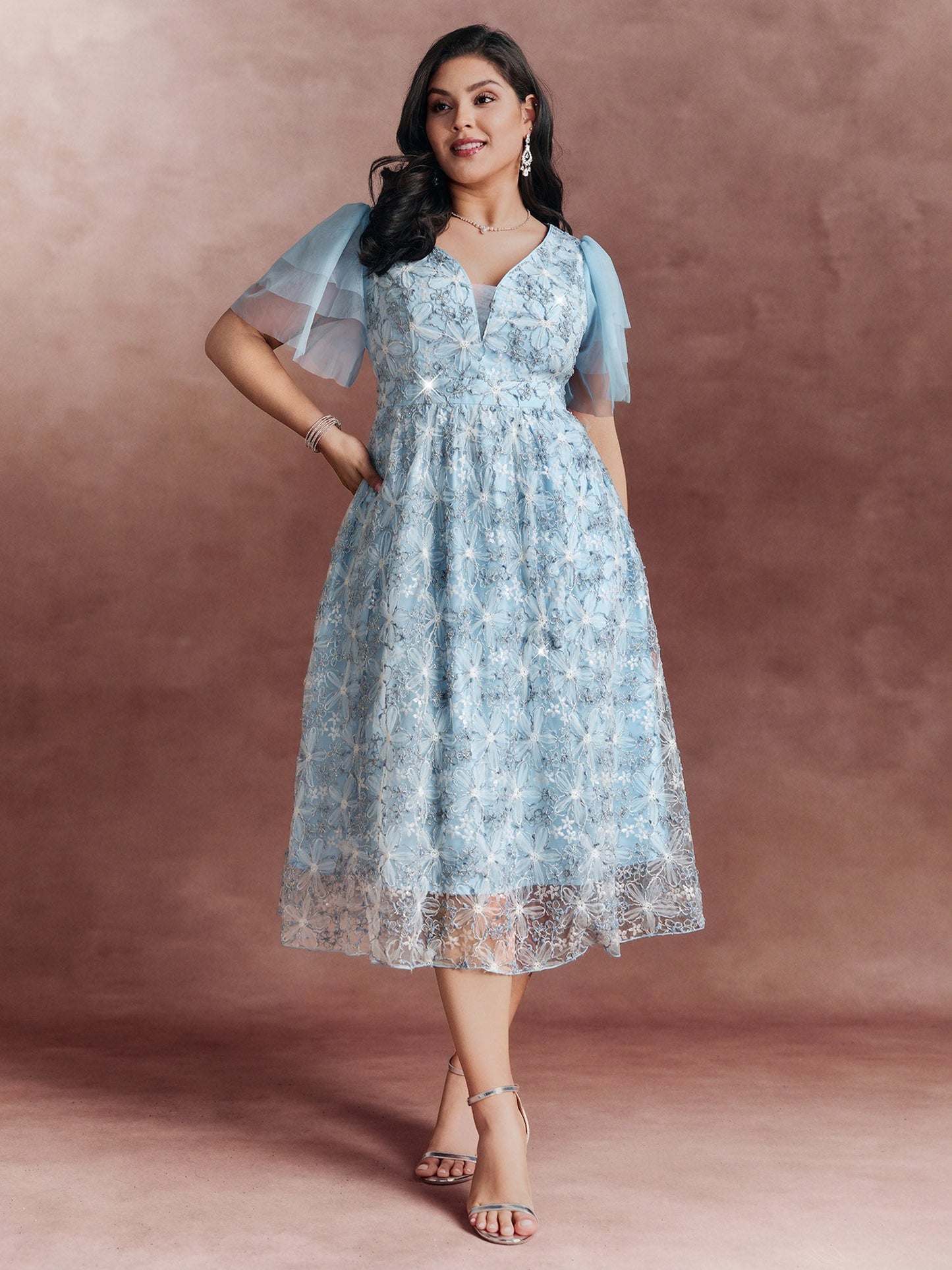 Floral Mesh Embroidered Lotus Leaf Sleeve Midi Dress