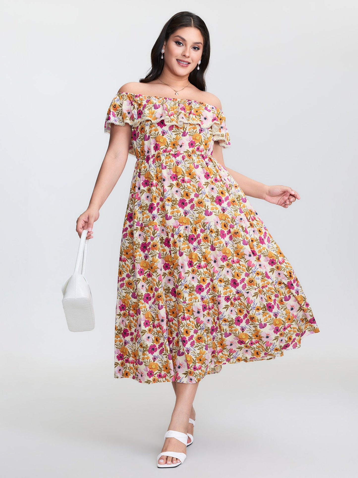 Floral Print Off-Shoulder Stretchy Waist Maxi Dress