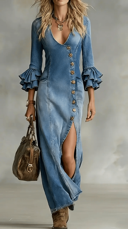 Women's V-neck Single-breasted Side-slit Denim Long-sleeved Maxi Dress