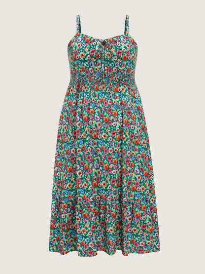 Floral Print Shirred Waist Flowy Midi Dress