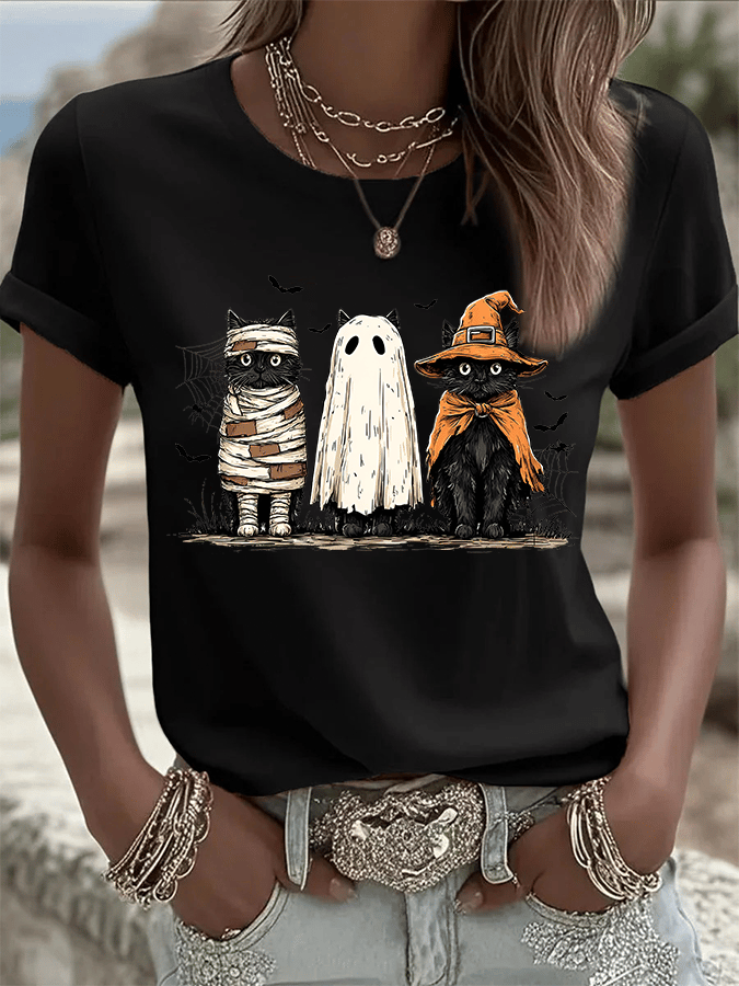 🔥HOT SALE🔥Women's Halloween Cat Print Crew Neck T-Shirt