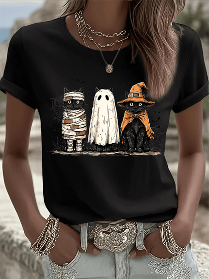 🔥HOT SALE🔥Women's Halloween Cat Print Crew Neck T-Shirt