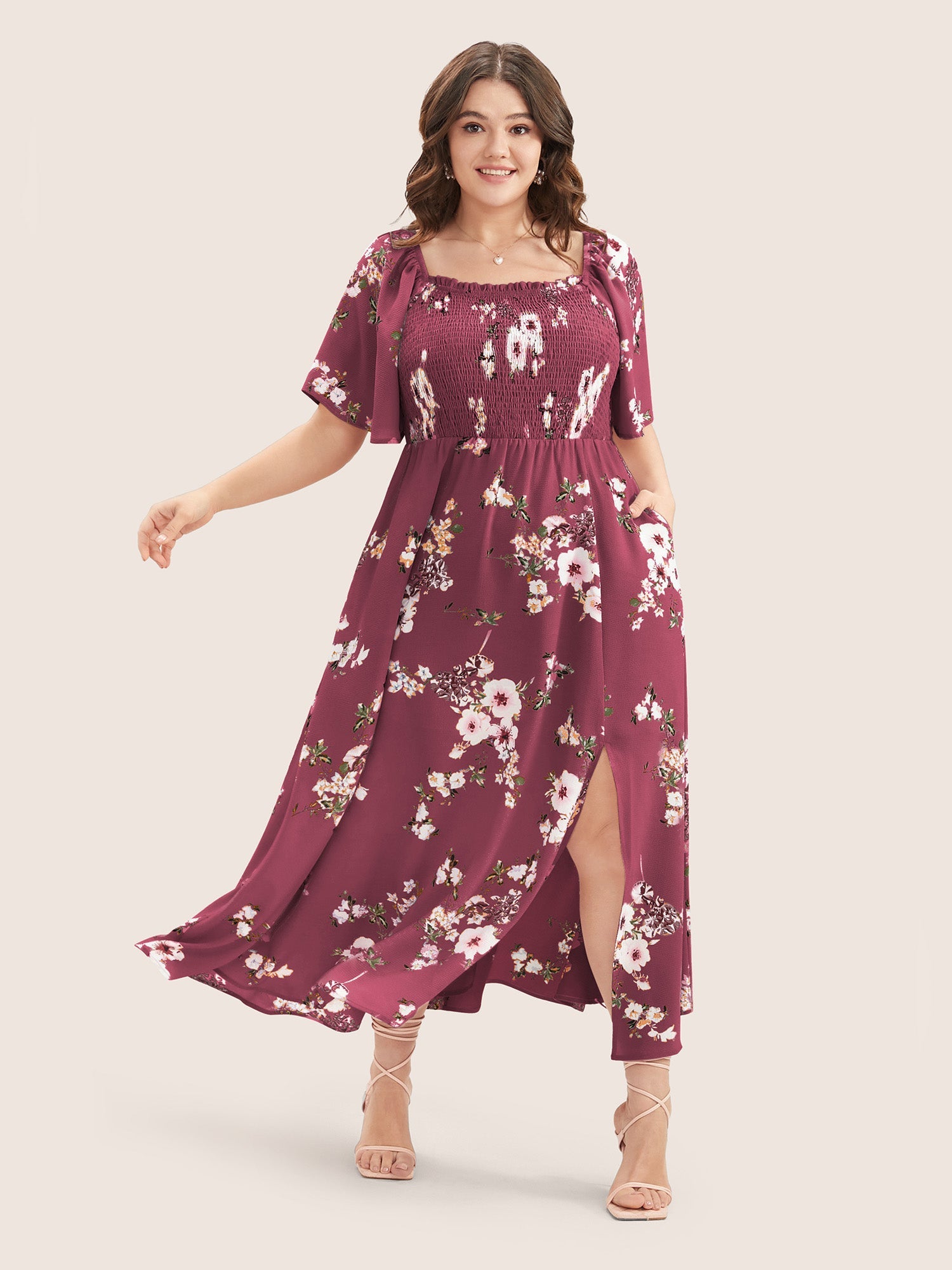 Floral Square Neck Ruffles Pocket Shirred Split Dress