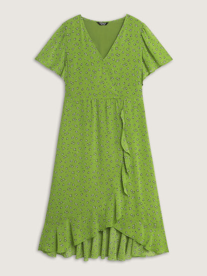 Floral Print Wrap Neck Ruffled Edge Midi Dress