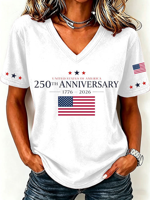 Women'S America Flag  Print Casual V-Neck T-Shirt