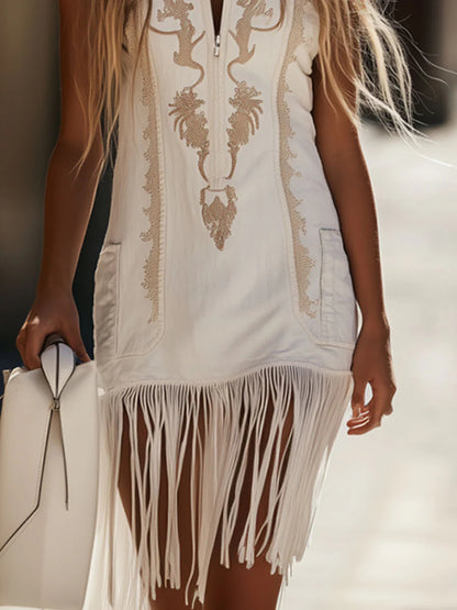 Daily White Stand-Up Collar Strappy Western Embroidery Denim Mini Dresses