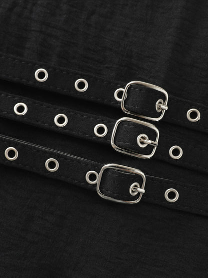 Wide Straps Belted Buckle Detail Midi Dress