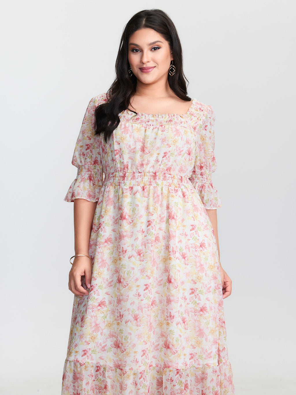 Floral Print Shirred Neckline Maxi Dress