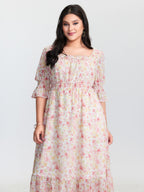 Floral Print Shirred Neckline Maxi Dress