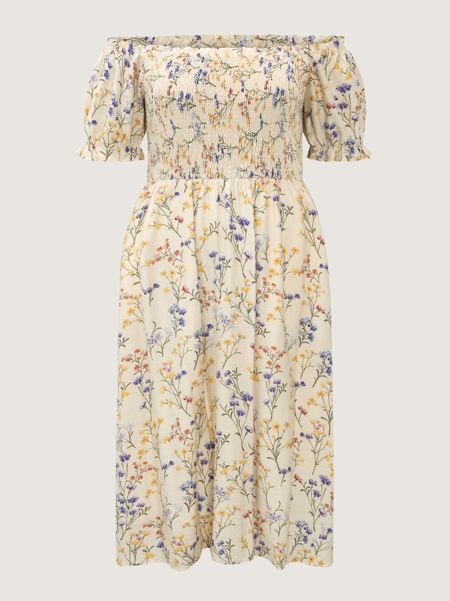 Vanilla Print Shirred Off-Shoulder Midi Dress