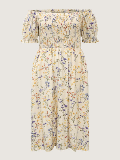 Vanilla Print Shirred Off-Shoulder Midi Dress