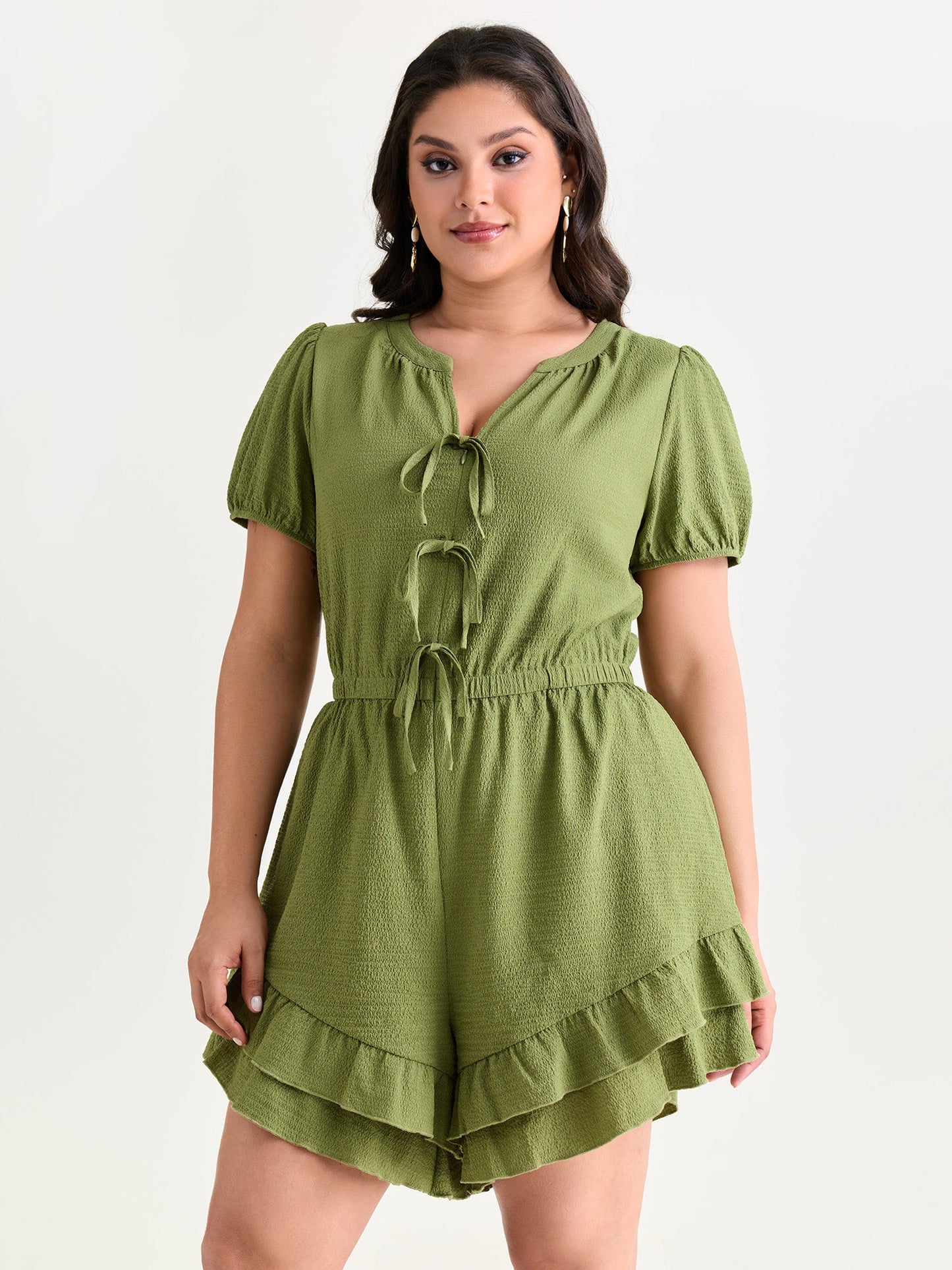 Triple Front Tie Ruffled Hem Romper