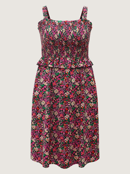 Floral Print Shirred Bodice Layered Midi Dress