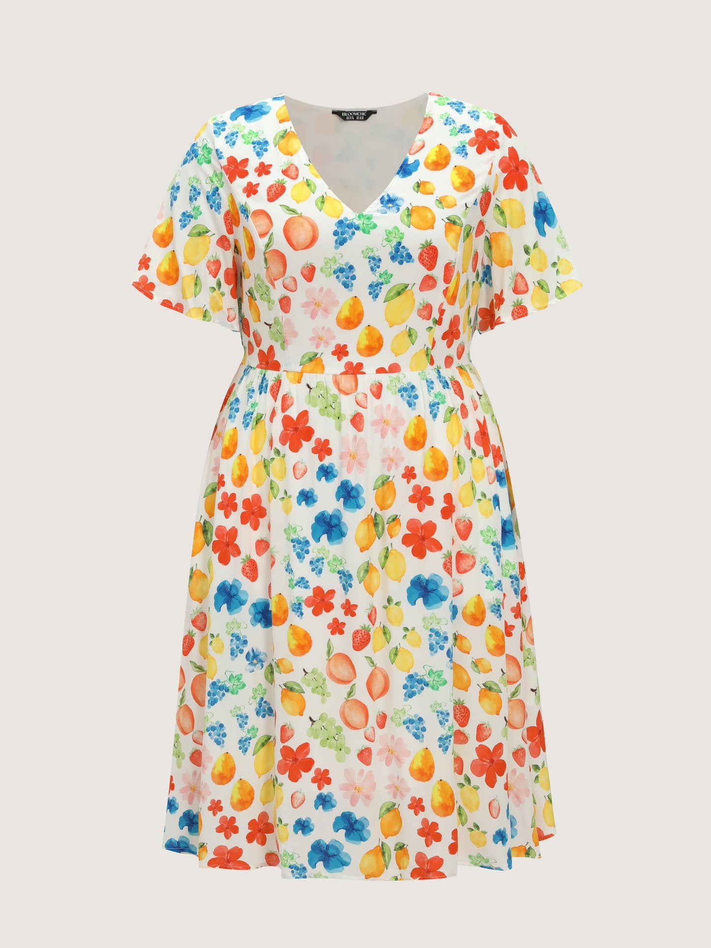 Colorful Fruit Print V-Neck Midi Dress