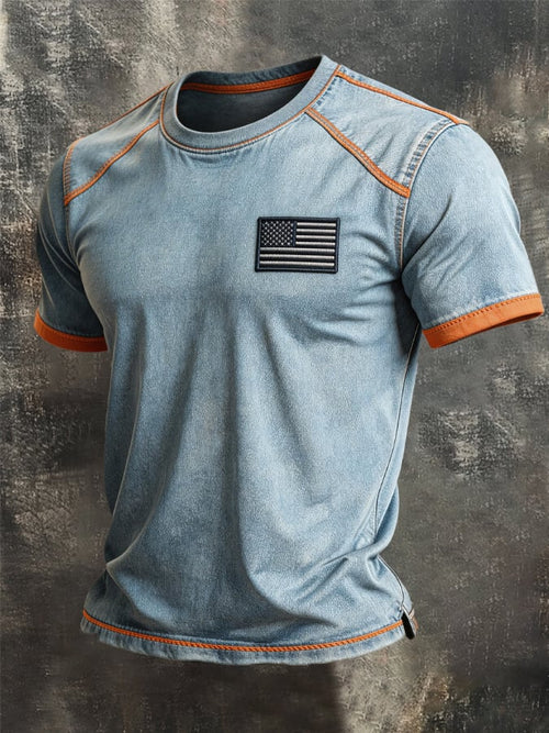 Men's Retro Color Stitching Pure Cotton Washed Faded Patriot T-Shirt