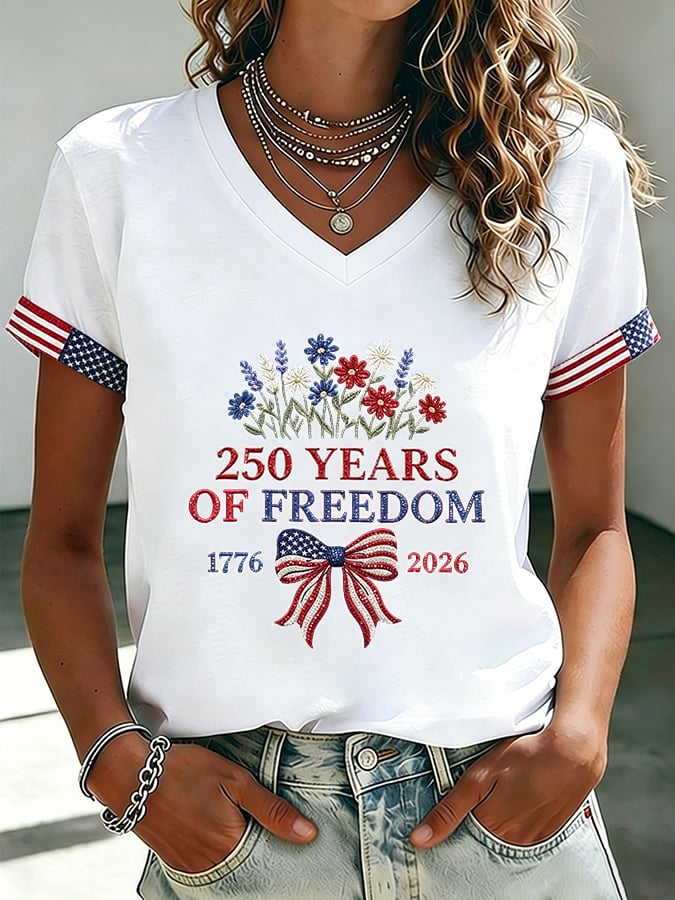 Women's 250 Years Of Freedom Flower Art Print V Neck T-shirt