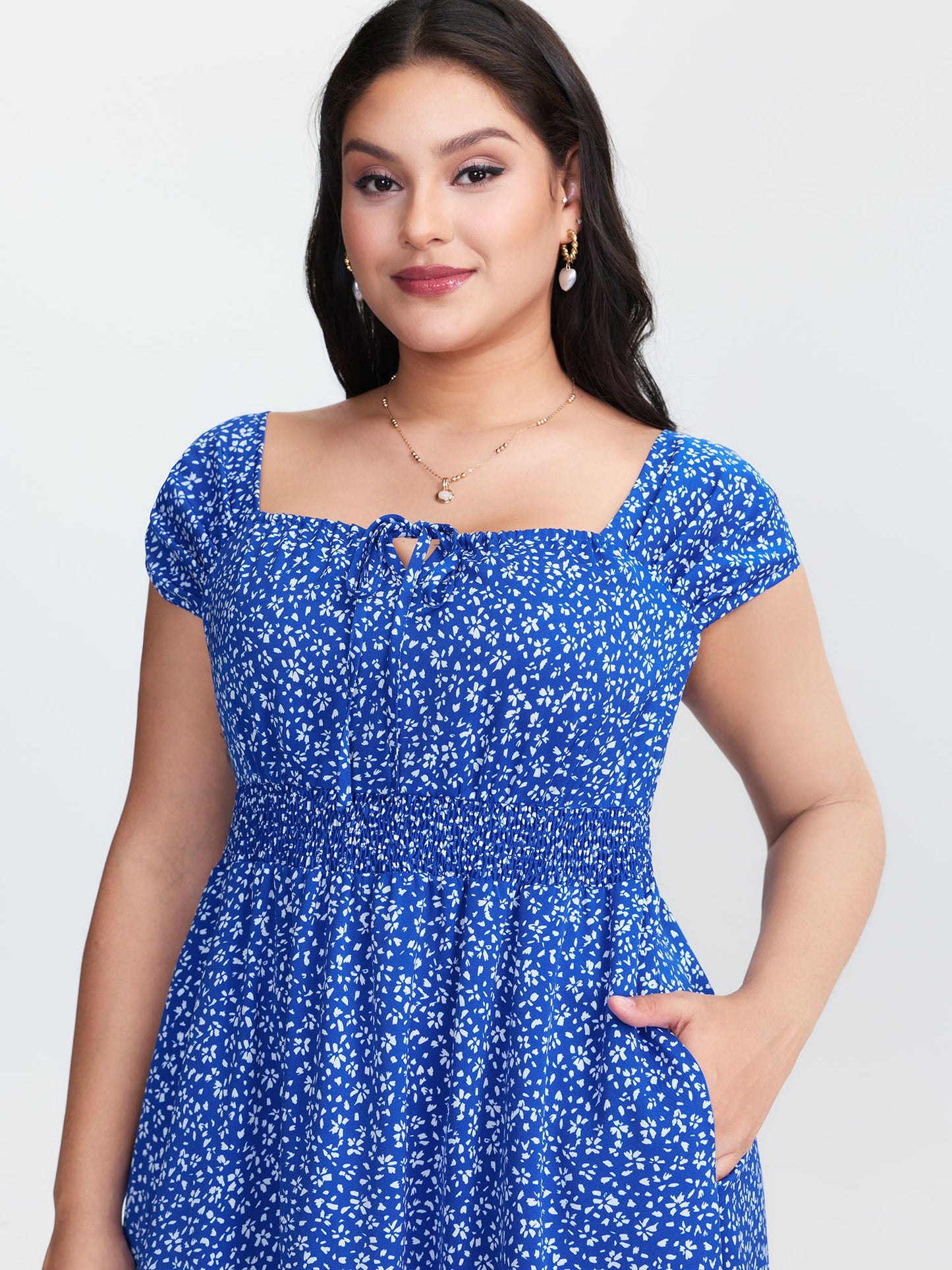 Micro Floral Print Bow-Tie Neckline Mini Dress