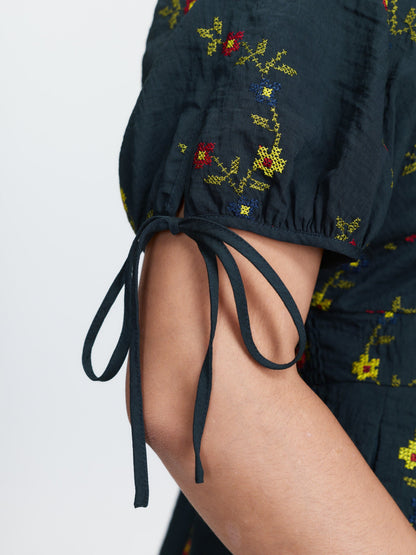 Floral Embroidered Sleeve Tie Midi Dress