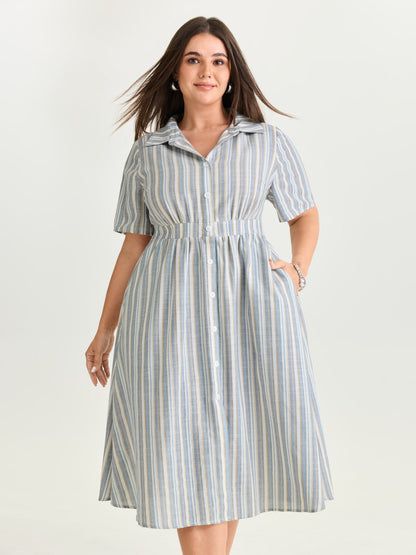 Cotton Linen Blend Striped Print Midi Dress