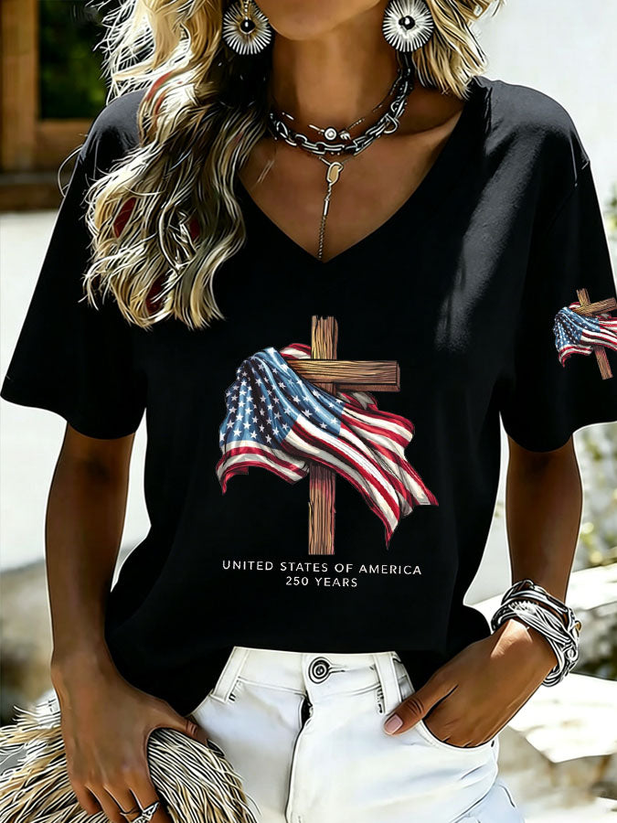 Women's Cross USA Flag Print Casual T-Shirt
