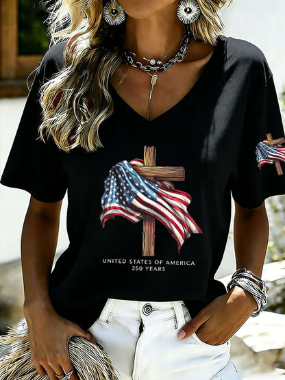 Women's Cross USA Flag Print Casual T-Shirt