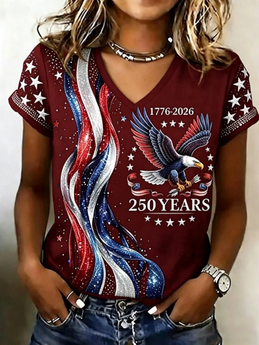 🔥Buy 3 Get 10% Off🔥Retro 250th Anniversary Glitter Design Women's V Neck T-Shirt
