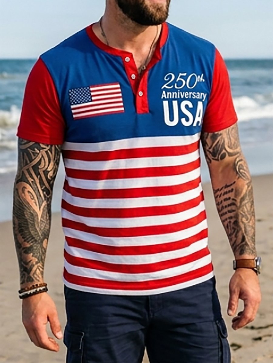 Men's Retro American Anniversary Henley Collar Short-Sleeve T-Shirt