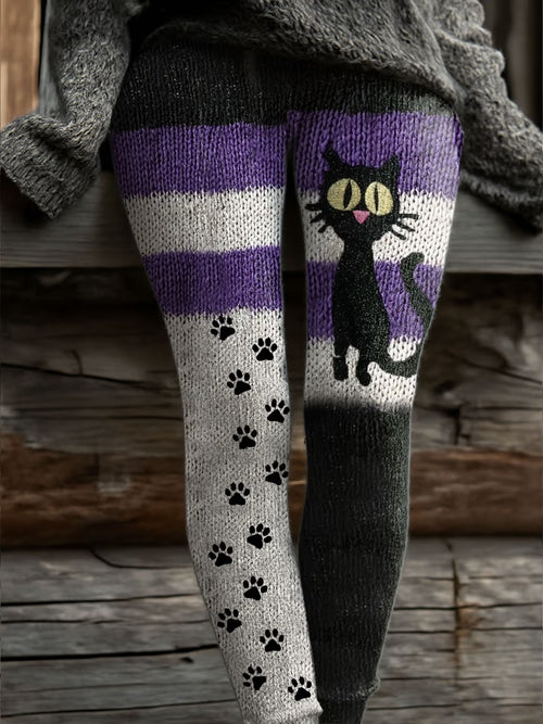 Women'S Casual Pit Stripe Knitted Halloween Themed Printed Elastic Leg