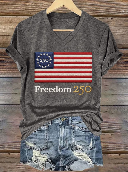 V-Neck Retro 250th Anniversary 250 Freedom Print T-Shirt