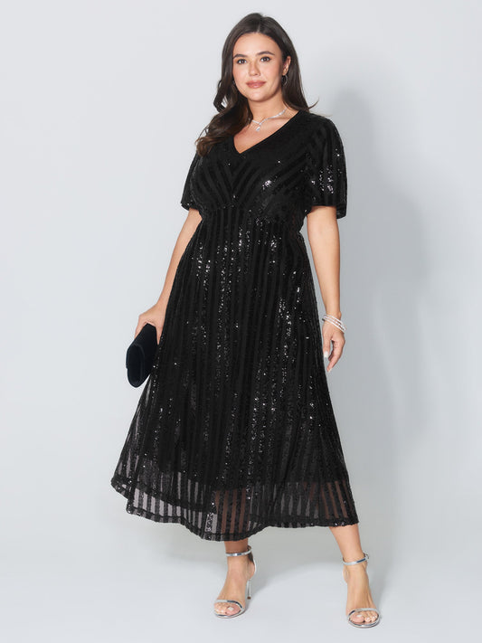 Shimmery Sequin V-Neck Midi Dress