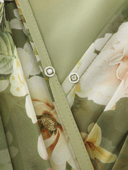 Large Floral Print Waist-Tie Tiered Maxi Dress