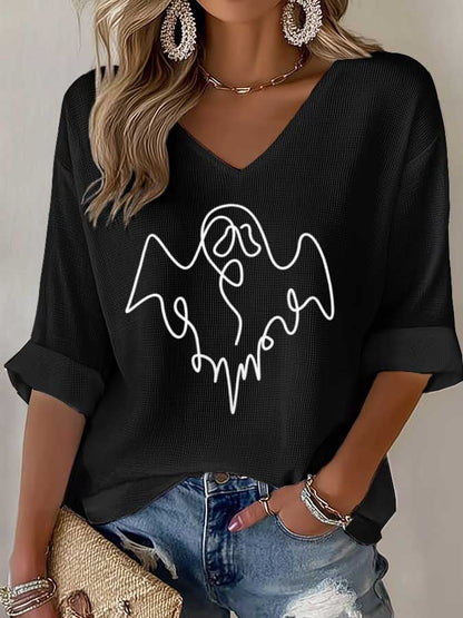 Women's Halloween Ghost Line Print Waffle T-Shirt