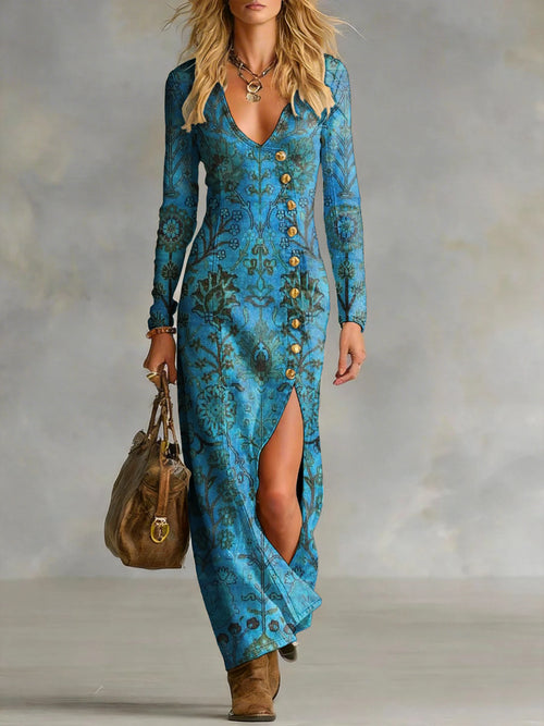 Women's Vintage Ethnic Floral Art Print Single-button Side Slit Long-sleeve V-neck Denim Dress