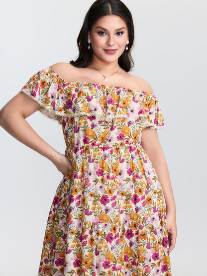 Floral Print Off-Shoulder Stretchy Waist Maxi Dress