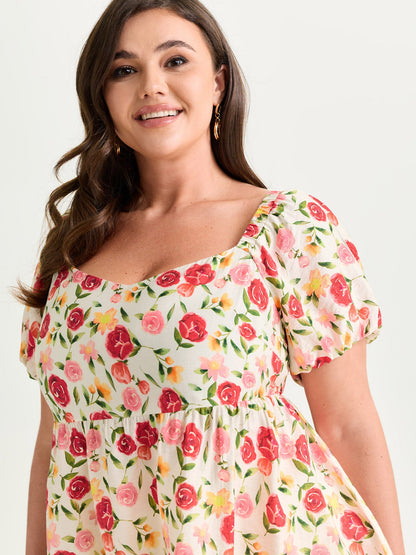 Rose Print Bubble Sleeve Babydoll Blouse