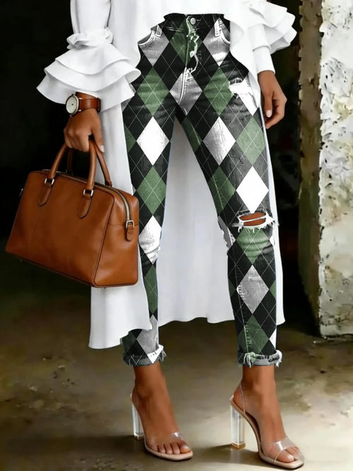 Women's Fashion Casual Diamond Pattern Print Ripped Skinny Jeans