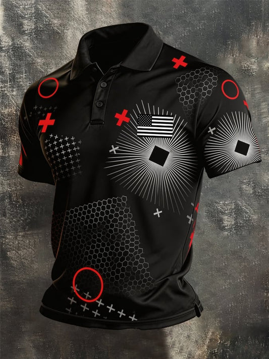 Men's Retro Patriot Color Block Polo Collar Short Sleeve