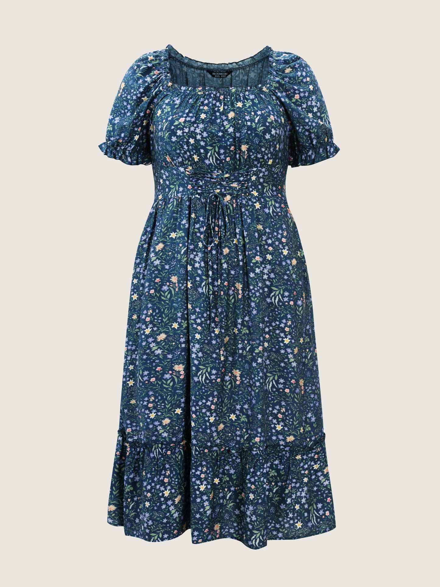 Floral Print Puffy Sleeve Cinched-Waist Midi Dress